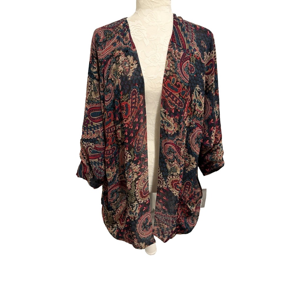 NY Collection Paisley Chiffon Kimono~L~Navy Flowy Lined Open Pockets Boho NWT